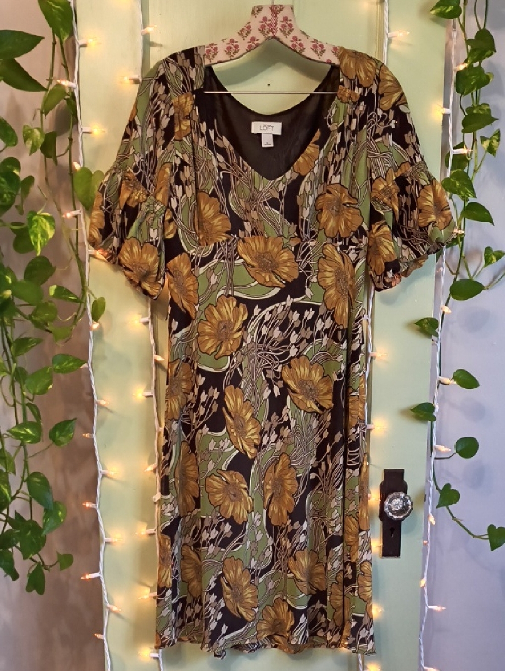 Women's Ann Taylor Loft Brown Mustard Sage Floral Earthy Dress 8